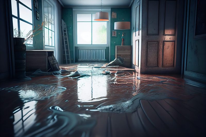 Interior of a living room flooded with water.generative ai